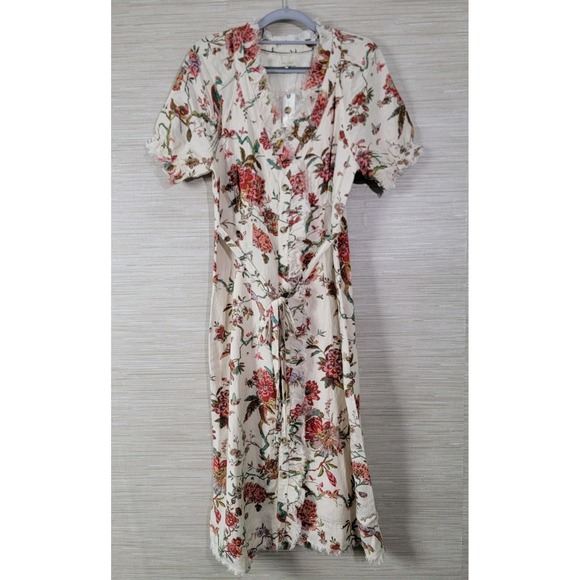 Anthropologie Dresses & Skirts - Anthropologie Cream Floral Wrap Midi Dress with Pink & Green Blooms